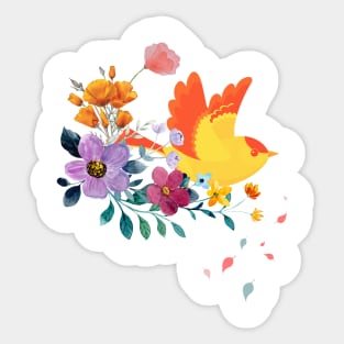 blooming flowers and orange color bird colorful art Sticker